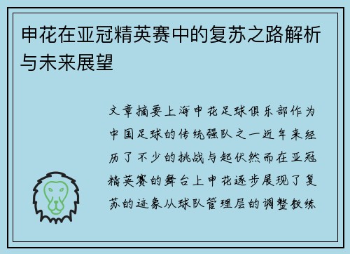 申花在亚冠精英赛中的复苏之路解析与未来展望